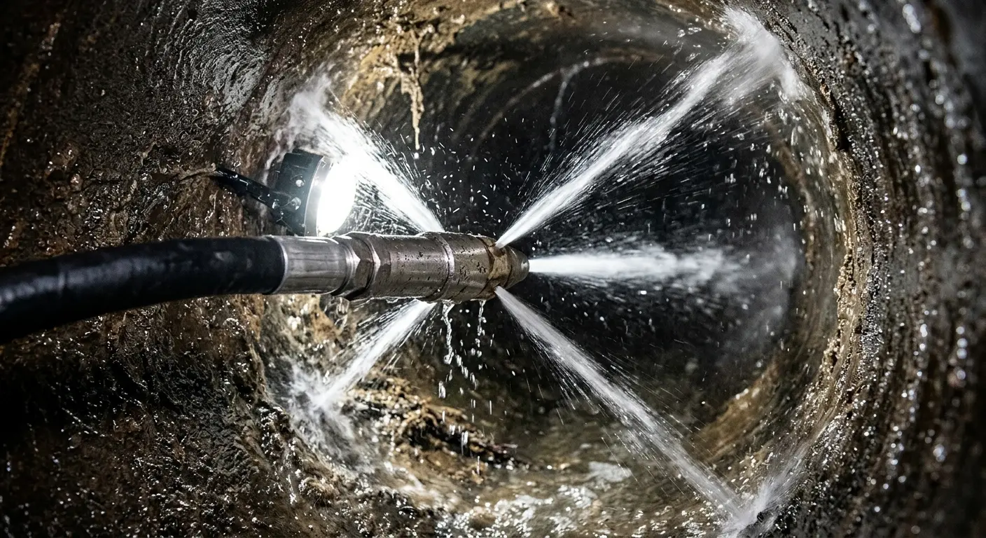 High-pressure hydro jetting nozzle cleaning sewer pipe for Trenchless Sewer Repair in Glen Ridge